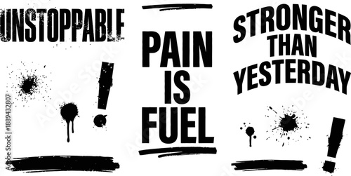 Motivational fitness typography quotes with grunge ink splatters vector