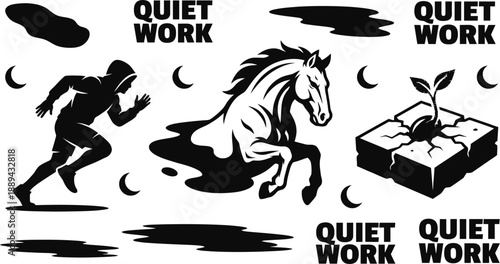 Motivational icons set with running man horse and sprout vector illustration