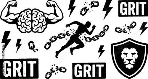 Motivational grit and mental strength icons vector illustration
