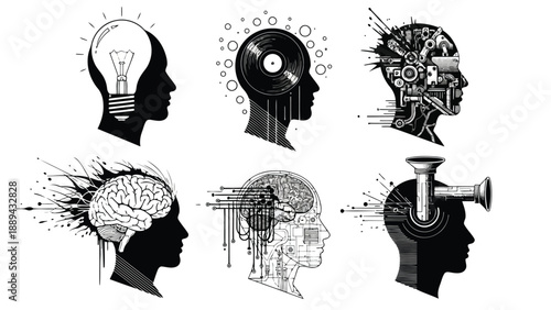 Conceptual artwork depicting human profiles filled with symbols of thought music and technology