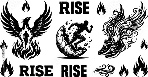 Motivational runner and phoenix rise icons vector set