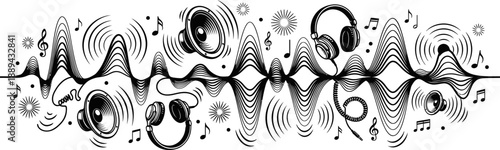 Music equipment and sound waves vector illustration