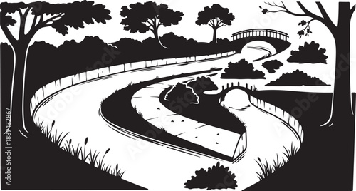 Black and white illustration of a winding park pathway scene