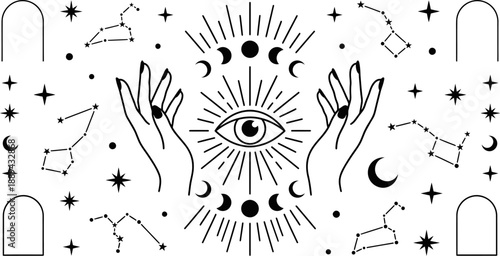 Mystical eye and hands with constellations vector illustration