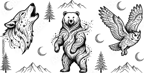 Mystical wild animals with celestial elements dotwork vector illustration