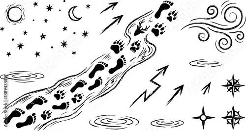 Outdoor tracking and navigation elements hand drawn vector illustration