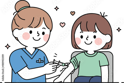Friendly nurse giving vaccination to smiling young woman, immunization concept, healthcare safety, medical care, cute flat cartoon illustration