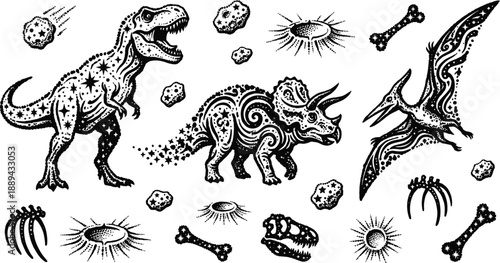 Prehistoric dinosaur extinction elements in woodcut vector style