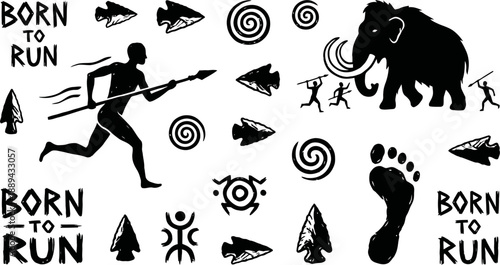 Prehistoric hunting elements and mammoth silhouettes vector illustration