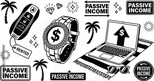 Passive income and wealth lifestyle icons vector illustration