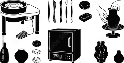 Pottery equipment and ceramic tools set vector illustration