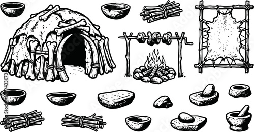Prehistoric stone age life elements and tools vector illustration