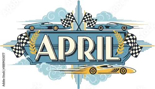 Racing cars speeding around the track in April with checkered flags waving