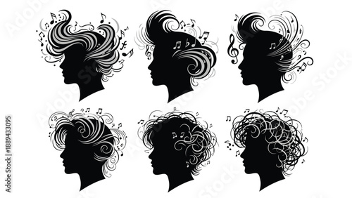 Silhouettes of women s profiles intertwined with musical notes and swirling decorative elements