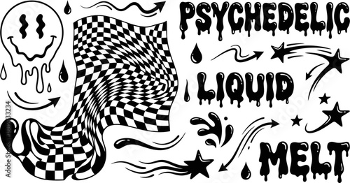 Retro psychedelic melting design elements set vector illustration