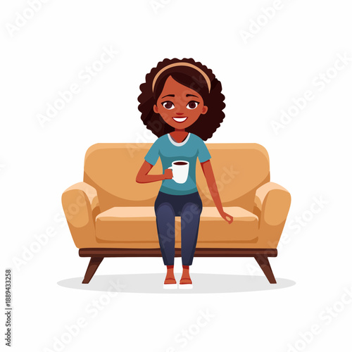A person is relaxing on a sofa, enjoying a cup of coffee