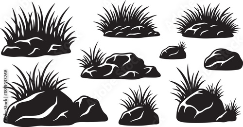 Black and white rocks with grass illustration set
