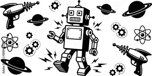 Retro toy robot walking with space icons vector illustration