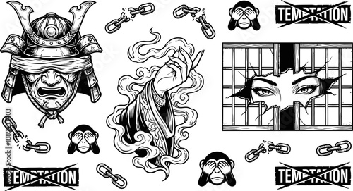 Set of samurai and freedom themed tattoo flash vector illustrations