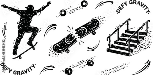 Skateboarder and broken board cosmic elements vector illustration