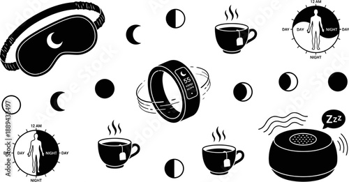 Sleep tracking and wellness icons for bedtime routine vector illustration
