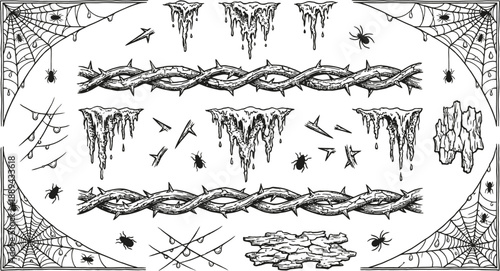 Spooky Halloween horror elements with spiders and thorns illustration