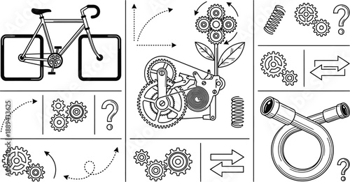 Square wheel bicycle and mechanical engineering concepts vector illustration