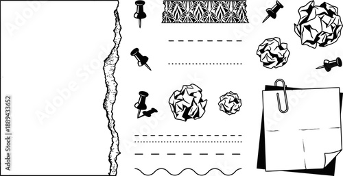 Stationery office supplies and torn paper scraps vector illustration