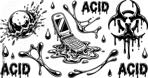 Streetwear acid melting objects and symbols vector illustration
