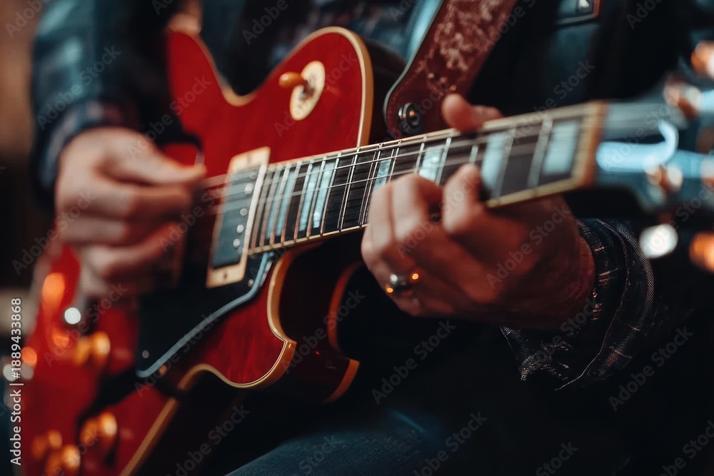 Obraz premium Close-up of hands passionately playing a red electric guitar with worn strap and leather jacket, fingers on frets and pick strumming under warm lighting