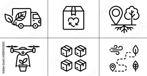 Sustainable delivery and green logistics outline icon set vector