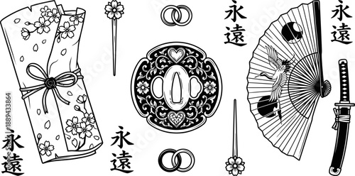 Traditional Japanese wedding symbols and cultural elements vector illustration