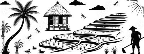 Traditional rice terraces farming scene vector illustration