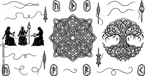 Viking runes Yggdrasil and Norns spinning fate vector illustration