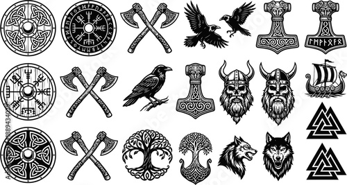 Viking symbols and Norse mythology icons set vector illustration