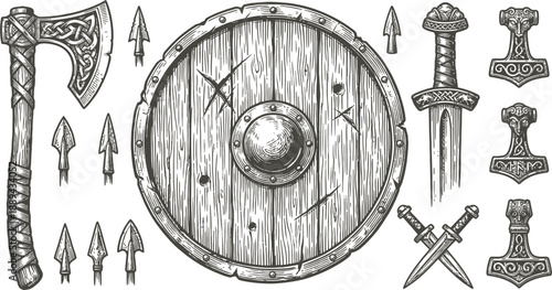 Viking warrior weapon set and wooden shield vector illustration