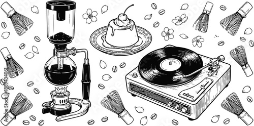 Vintage cafe items with coffee siphon and turntable vector