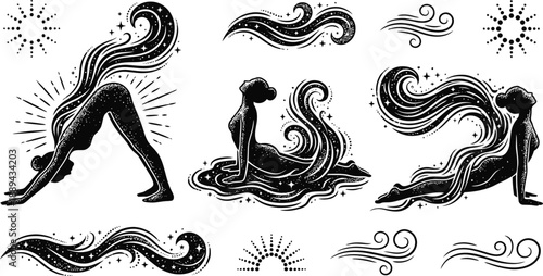 Women practicing yoga with cosmic energy flow vector illustration