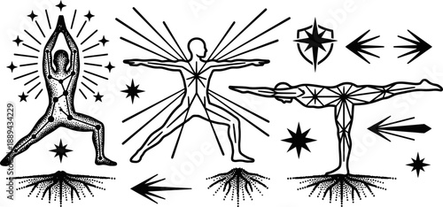 Yoga figures with cosmic energy and constellations vector illustration