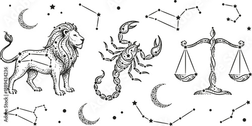Zodiac signs Leo Scorpio and Libra with constellations vector illustration