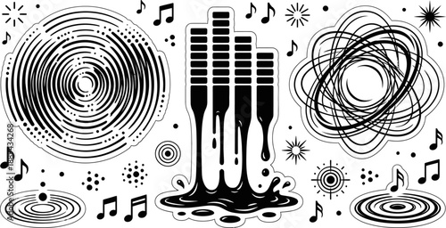 Abstract music elements with sound waves and notes vector illustration