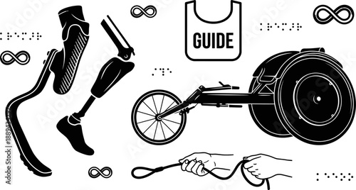 Adaptive sports equipment and disability inclusion icons vector illustration
