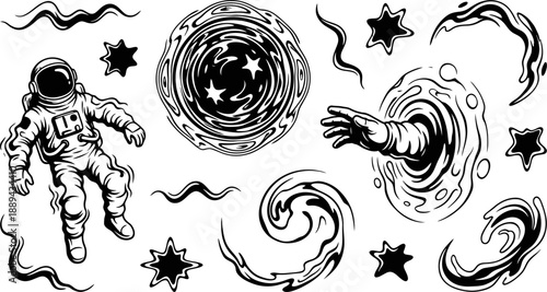 Astronaut exploring portals and cosmic elements vector illustration