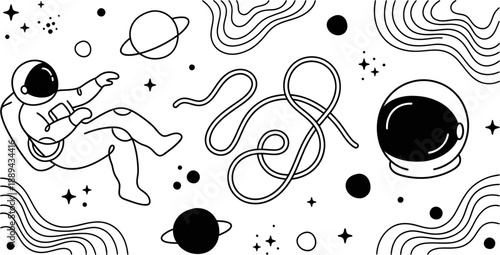 Astronaut floating in space with planets and stars vector illustration