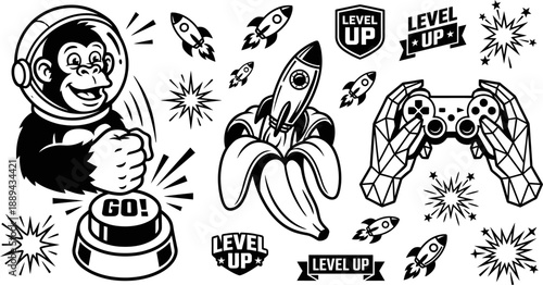 Astronaut gorilla and banana rocket gaming vector illustration