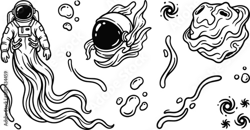 Astronauts and planets floating in space line art vector