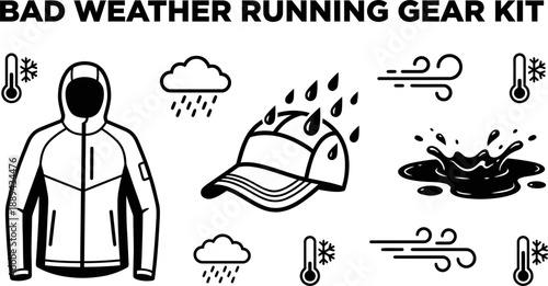 Bad weather running gear kit icons for outdoor exercise vector illustration