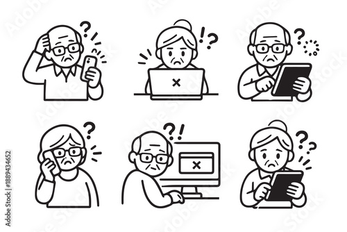 A vector illustration shows a grandfather and grandmother struggling to use gadgets like computers, tablets, and smartphones, highlighting the technology gap, confusion, and learning challenges.