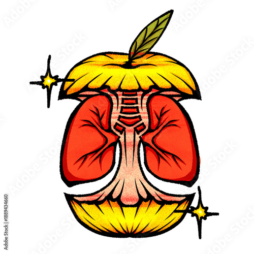 Vibrant hand drawn illustration of a creative apple and lung fusion, symbolizing natural breathing, respiratory health, and holistic wellness with a stylized and impactful artistic flair