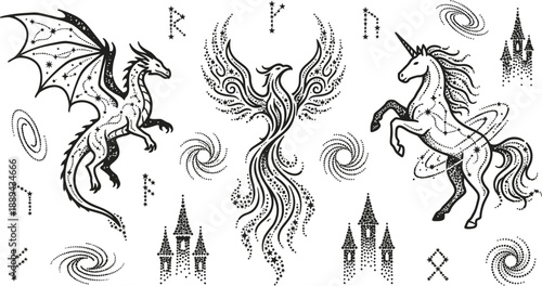 Celestial mythical creatures with stars and runes vector illustration